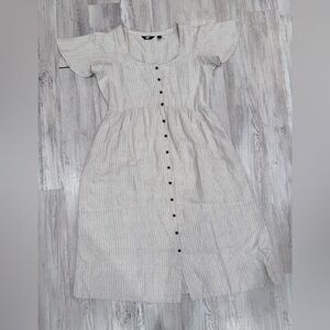 Lands' End Beige and White Striped Linen-Blend Midi Dress